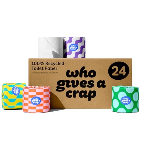 Who Gives A Crap 100% Recycled Twice as Long Toilet Roll Box of 24 (3-Ply 400 Sheets-10x10cm) - Soft Strong Sustainable
