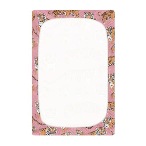 Image of Vintage Cute Tigers Pinks Crib Sheets Soft Breathable Fitted Baby Crib Sheets Mattress Cover for Girls Boys, 52 inch x 28 inch x 9 inch