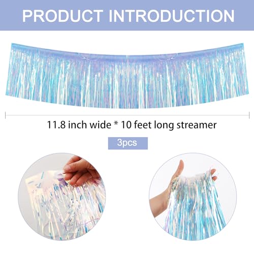 Image of BEISHIDA 3 Packs 30 Feet Metallic Foil Fringe Garland Tinsel Streamers,Iridescent Blue Wall Hanging Tinsel Fringe Banners for Wedding Birthday Party Decoration Halloween Christmas New Year