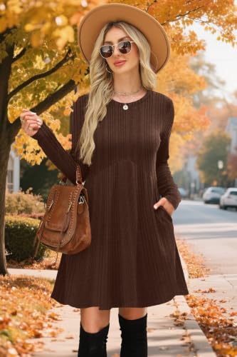 Image of OFEEFAN Long Sleeve Dress for Women Crew Neck Empire Waist Tunic Dress with Pockets