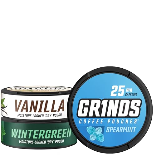 Image of Grinds Coffee Pouches | 3 Can Sampler | Wintergreen, Spearmint, Vanilla | 1 Pouch eq. 1 /4 Cup of Coffee (3 Can Sampler Pack)