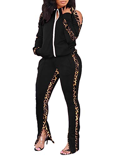Two Piece Bodycon Outfits for Women Color Block Full Zip Open Shoulder Jackets Slit Sweatpant Tracksuit Set Black XXL