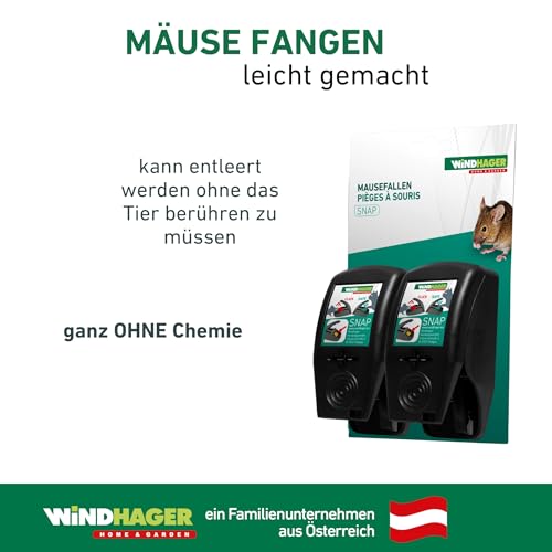 Windhager Mausefalle SNAP, Schlagfalle, Schnappfalle, wiederverwendbar, Doppelpackung 2 Stück, 05062, Schwarz
