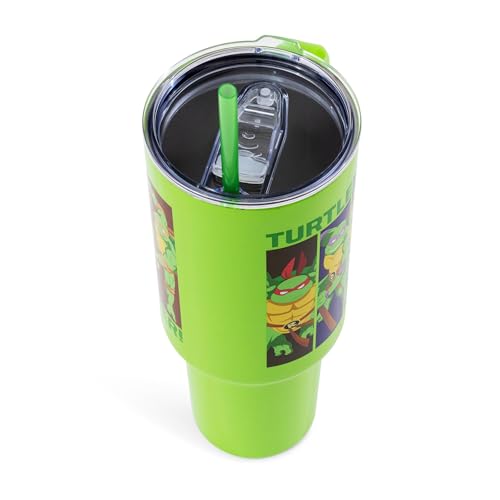 Image of Silver Buffalo Teenage Mutant Ninja Turtles Turtle Power Stainless Steel Tumbler with Handle Featuring Leonardo, Donatello, Raphael, and Michelangelo, Fits in Standard Cup Holder, 40 Ounces