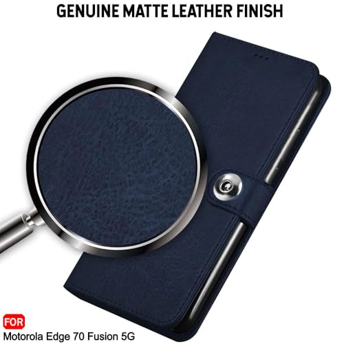 Image of TheGiftKart Flip Cover Back Case for Motorola Moto Edge 70 Fusion 5G | Genuine Leather Finish | Designer Button | Inbuilt Pockets & Stand | Wallet Style Flip Back Cover Case (Faux Leather, Blue)