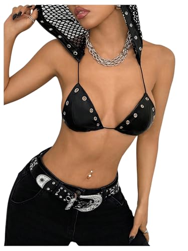 SHENHE Women's Sexy Y2k Gothic PU Leather Triangle Halter Fishnet Hooded Micro Crop Top Punk Clubwear