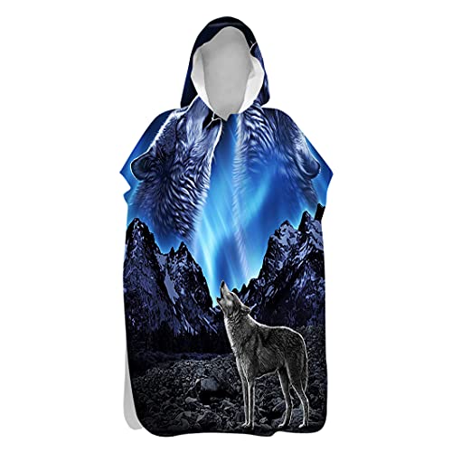 Poncho De Bain Adulte Enfant, Imprimé Loup Serviette Poncho à Capuche Surfing Changement Robe Microfibr Séchage Rapide Serviette de Plage pour Plage Bain Natation (Montagne,60x110cm) Cover