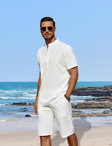 COOFANDY Men's 2 Pieces Linen Set Casual Henley Shirts Short Sleeve Beach Yoga Shorts Summer Pants Outfits2