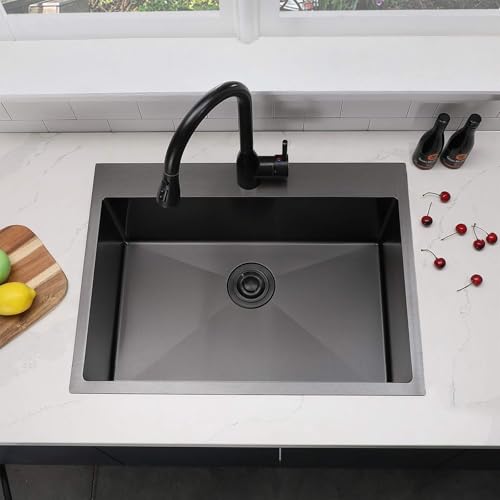 Image of 28 x 20 Inch Drop in Black Kitchen Sink, Gunmetal Black Top Mount Stainless Steel 9 Inch Deep Single Bowl Laundry Utility Wet Prep Sink