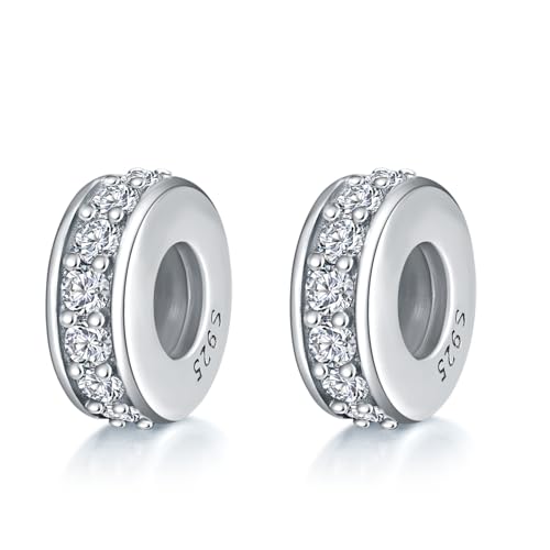 GW 2PCS Spacer Beads Stopper 925 Sterling Silver Charms for Bracelets with Bling CZ Bracelet Charms for Women Jewelry (White) - Main Image