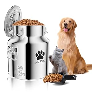Metal Dog Food Storage Container 20lb, Stainless Steel Dog Food Storage Container with Lids Airtight, Pet Food Storage Container for Dogs, Cat Food Bin with Spoon, Keep Food Fresh, Easy to Clean