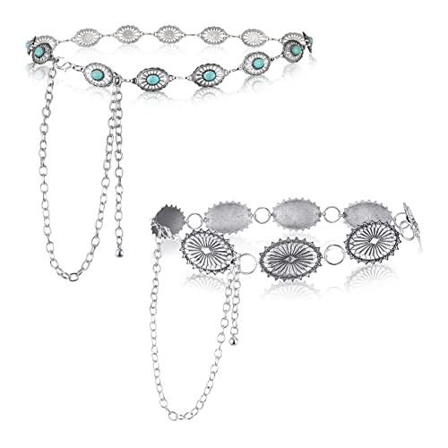 Junkin 2 Pcs Women Concho Western Chain Belts Turquoise Chain Belts Antique Western Waist Belts Metal Belt