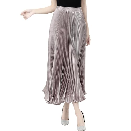 Women's Satin Metallic Elastic Waist Midi Skirt Flowy Accordion A Line Long Skirt2