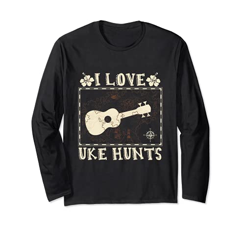 I Love Uke Hunts Hawaiian Musician Hawaii Acoustic Guitar Long Sleeve T-Shirt, Black