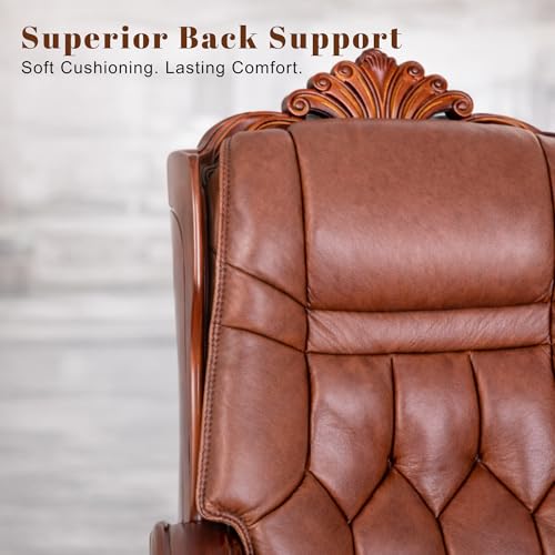 Image of Lakdi The Furniture High-Back Pure Leather Office Chair with Handcrafted Royal Look and Teak Wood Structure & Height Adjustable and Wooden Base Revolving Chair Office Work - 111011351 PL