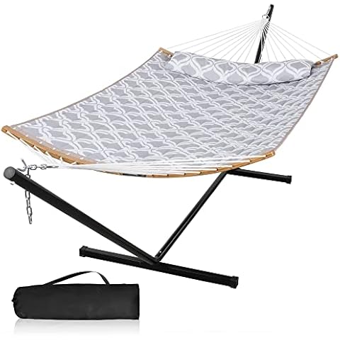 Mansion Home Large Hammock with 12FT Steel Stand, Freestanding Hammock for Outside, Double Person Hammock with Curved Spreader Bar, Pillow and Portable Bag, Gray Ripples Cover