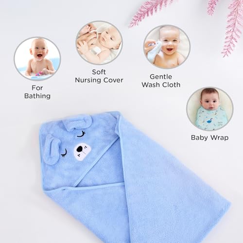 Image of Mee Mee Hooded Baby Bath Towel for New Born | Wash Cloth, Quick Absorbent, Can be Used for Baby Swaddling, Extra Soft Cotton Towels for Kids /Toddlers /Infants /Babies, Pack of 1, (Blue Dog) 80X80 CM