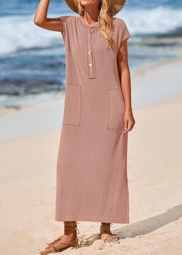 Image of KIRUNDO Womens Summer Ribbed Knit Short Sleeve Maxi Dress | 2026 Spring Henley Button Up Knitted Tshirt Dress, Loose Beach Vacation Sundress, Teacher Dress, Loose Fit Nursing Friendly