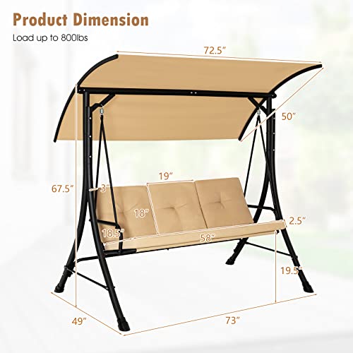 Image of Tangkula 3 Person Porch Swing, Outdoor Swing with Removable Cushions, Solid Steel Structure, Patio Swing with Adjustable Canopy for Garden, Backyard, Balcony, Poolside Beige