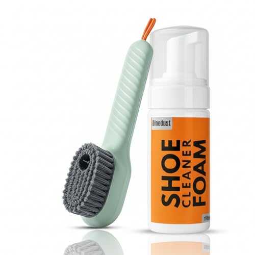 DINEDUST Quick Shoe Cleaning Kit - 150ml Shoe Foam Cleaner & Medium Bristle Brush | Sneaker, Sports & Canvas Shoe Stain Remover Foam Spray | White Shoe Cleaner Kit (Shoes Cleaner Foam + Brush)