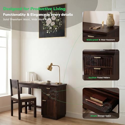 Image of NSH Solid Sheesham Wood Study Table with Chair | Wooden Writing Desk with Drawer & Door Storage | Pre-Assembled Computer Desk Workstation for Home Office & Study Room | Walnut Finish