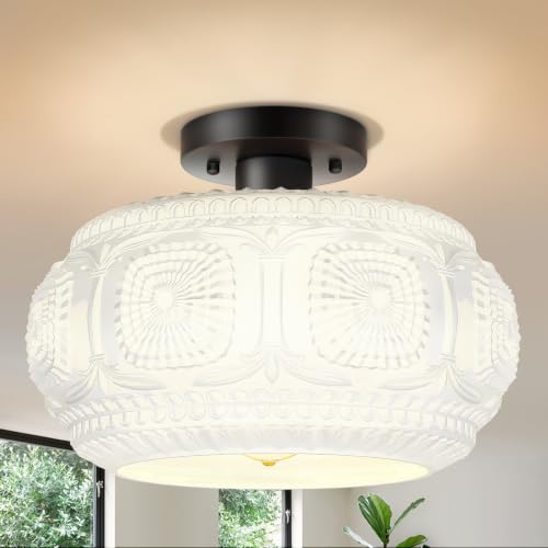 Image of 12 inch Milk Glass Semi Flush Mount Ceiling Light Fixture, Black Base