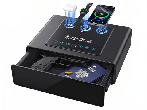 Yoqimi Coffre-fort biométrique intelligent pour arme de poing, horloge à empreintes digitales avec chargement sans fil 3 en 1, tiroir silencieux, réveil LCD...
