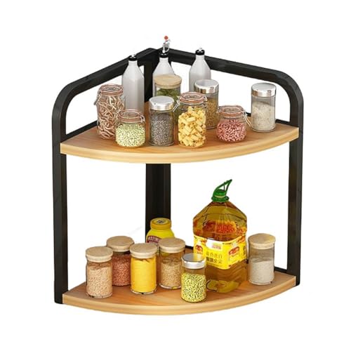 Dreamhousey Kitchen countertop corner shelf condiment rack, kitchen supplies wooden spice rack triangle iron nathroom corner desktop organizer (2-tier (L)), Black+Oak