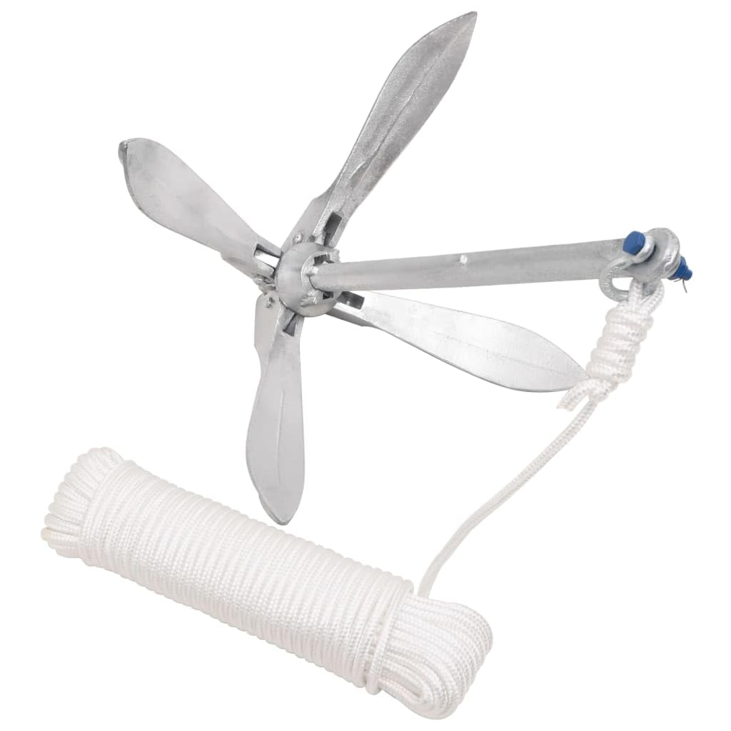 Anclaje plegable con cuerda de 10 kg de hierro fundido galvanizado en caliente, ancla de barco con 4 puntos, 30 m de cuerda de ancla, para veleros, botes inflables, kayaks, paseos seguros