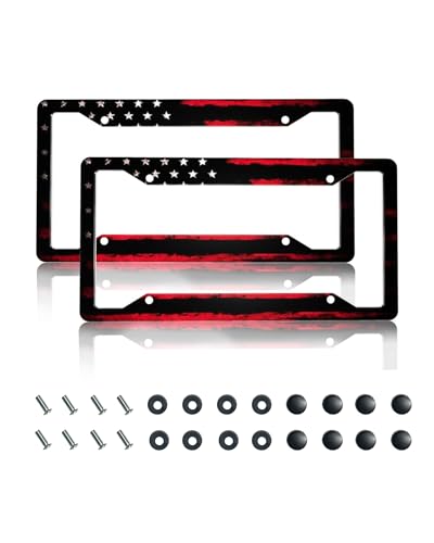 GACCAP License Plate Frame 2 Pack Front Rear Aluminum Metal Rust-Proof Universal Car Tag Frames Holder with 4 Holes Car Decor Accessory with Screws for Men Women - Black Red American Flag