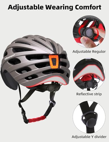 Shinmax Bike Helmet with USB Rechargeable Light & Detachable Magnetic Goggles UV Protective Bicycle Helmet Men Women Mountain Road Adjustable Adult Cycling Helmets (WT-049)