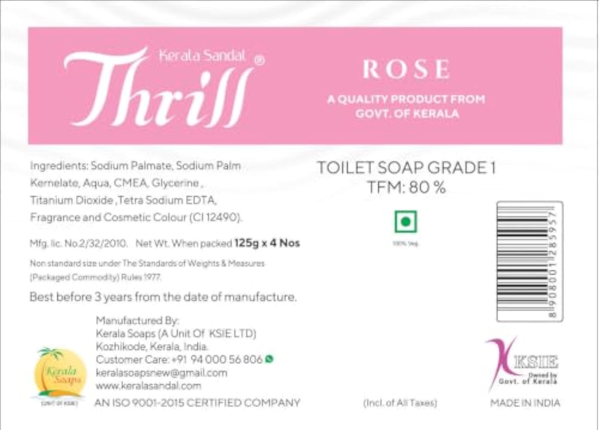 Thrill Rose Toilet Soap with Creamy Lather, Pack of 4
