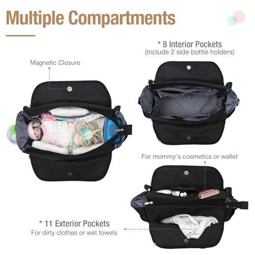Lekebaby Baby Wickeltasche Bote groß mit Wickelunterlage für Reise, 19 Taschen, Diaper Bag Reisewindeltasche für Mama und Papa, Multifunktions Babytasche, Schwarz Gesteppt