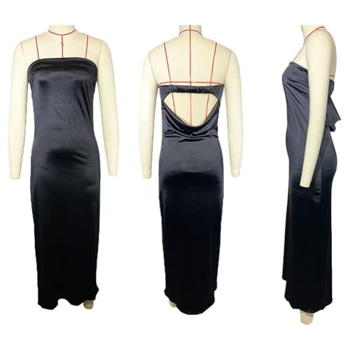 Image of Womens Strapless Satin Maxi Dress Backless Tube Dress | Strapless satin maxi dress with elastic back folded bust backless cut smooth drape and slim tube fit for events