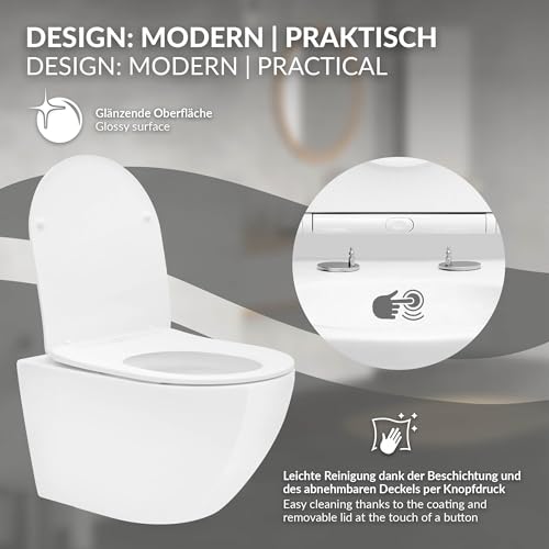 ECD Germany Spülrandloses Hänge WC Weiß glänzend lang 52cm, Toilette aus Keramik mit Antibakterieller Oberfläche, Abnehmbarer WC Sitz aus Duroplast mit Absenkautomatik Softclose, Wand-WC Tiefspüler-WC – Bild 4