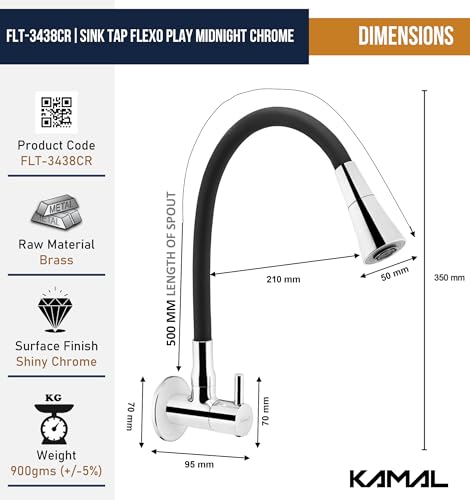 Image of KAMAL Full Brass Sink Tap Flexo Play Midnight Chrome | Shower & Aeartor Mode | Dual Flow Flexible Silicone Swivel Spout 360 Degree | Cold Water Tap Bib Tap Faucet (Wall Mount Installation Type)
