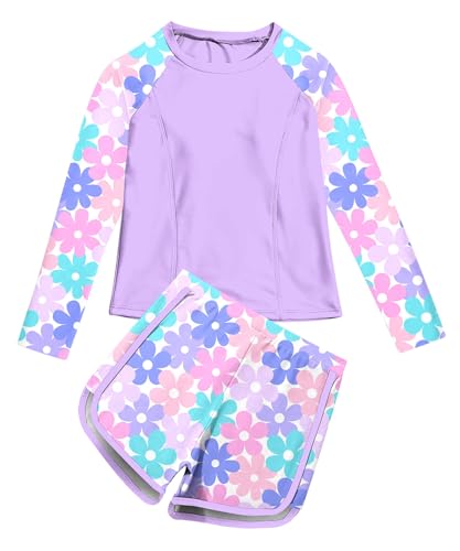 Image of Vogseek Girls Rash Guard Swimsuits 2 Piece Bathing Suit UPF 50+ Summer Swimwear Size 7-12T