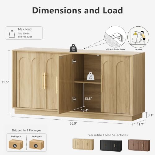 Image of FORTUNETEC Sideboard Buffet Cabinet with Storage, Modern Accent Cabinet with Arched Doors, Boho Modular Media Console, 67 inch Large Minimalist Credenza for Living Room Kitchen Dining Room Entryway, Oak