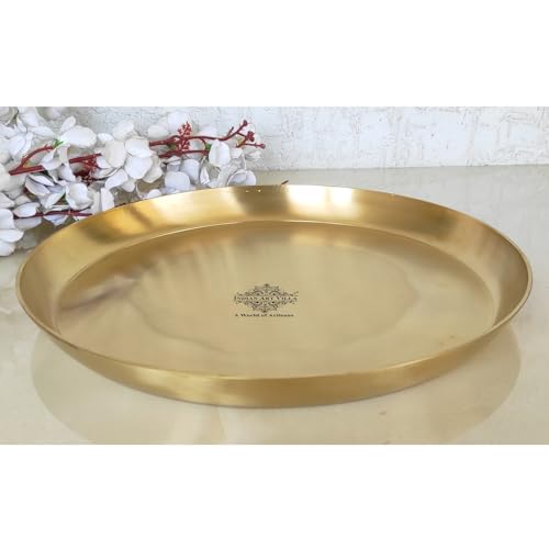 Image of INDIAN ART VILLA Handcrafted Brass Plate /Thali, Matte Finish, Ideal for Serving Food or Home Decor, Diameter - 12 inch
