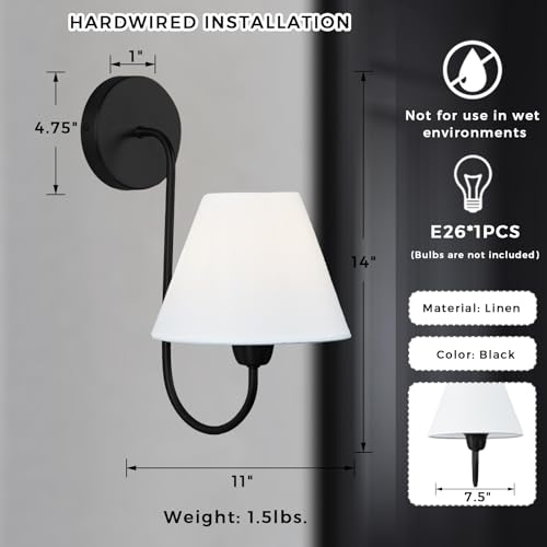 Image of Vintage White Linen Single Wall Sconce, Retro Swoop Wall Lamp with Metal Matte Black Pole, Gooseneck Light Fixture Design for Elegant Home Lighting, Bedroom