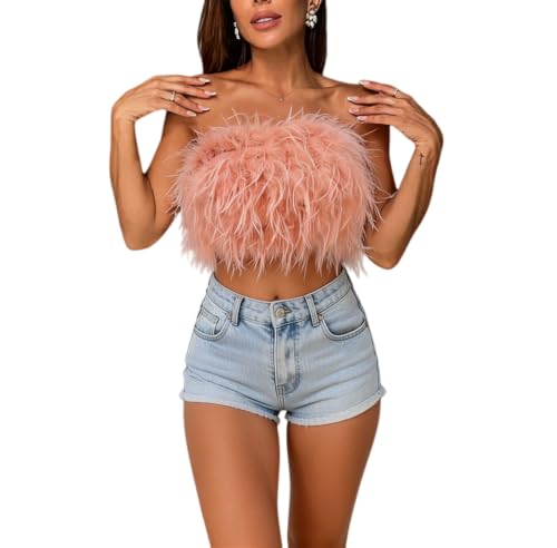 Fringe Tube Top for Womens Party Off Shoulder Clubwear Tank Top Fuzzy Strapless Soft Plush Crop Top Shaggy Faux Fur Bandeau (Pink Medium)