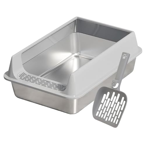 MEISO Litiere Acier Inoxydable, Bac Litiere pour Chat, Maison Toilette Chat Semi fermé avec Protection Contre éclaboussures, Pelle de Nettoyage Inclus, Litière pour Grands Chats, Chatons Et Lapins