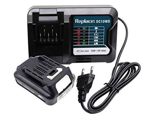 BL1021B Batería con Cargador DC10WD pour Makita 10.8V 12V DC10SB DC10WC, BL1015 BL1020B BL1040 BL1041B BL1016 632F59-1 197390-1 197394-3 197402-0 197396-9 BL1021B 12V MAX 2.0Ah Li-Ion CXT Batería