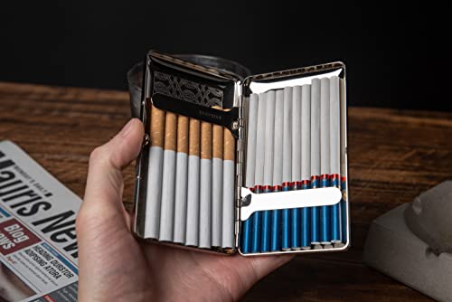 Image of Retro Metal Cigarette Case - Women and Men ，Portable Pocket Carrying Cigarette Box Case-Double Sided Spring Clip Open Pocket，Holds 14 Regular Size Cigarettes for 100mm Cigarettes (Silver)