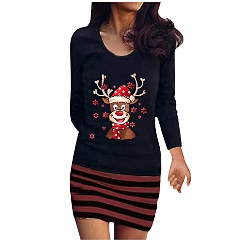 Preisvergleich Produktbild Generic Weihnachtsfeier Kleid Frauen Streifen Langer Ärmel Sexy Wickelrock Rundhalsausschnitt Weihnachtlicher Druck Cocktail Party Mini-Tunika Wine Medium