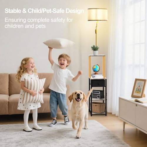 Image of Lightdot Floor Lamp with Shelves&Drawer, Modern Standing Lamp with 350 Adjustable Lamp Head, Fabric Shade& Bulb Included, Display Corner Floor Lamp for Living Room /Sofa Beside /Corner Decor