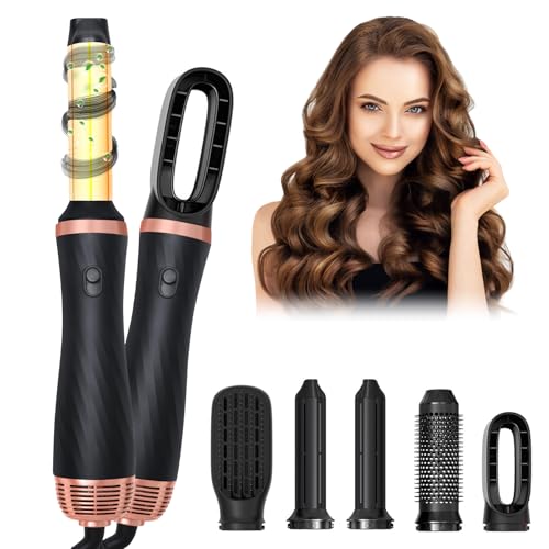 Unipampa Set Cepillo de Aire Caliente, 1000W Cepillo Secador de Pelo, Secador Moldeador Cepillo Alisador, Iones Negativos Rizador, 3 Temperaturas, 5 Accesorios, para Seca, Alisa, Volumen