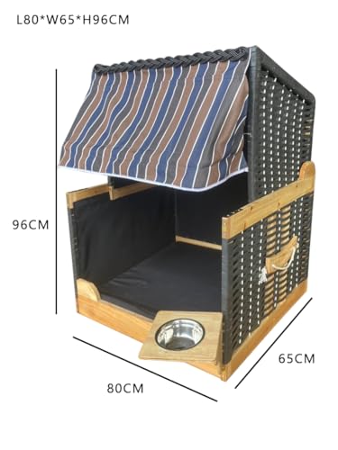 Hundebett Katzenbett Hundestrandkorb Haustierbett Polyrattan gewebt für Innen- und Außenbereich, schwarz, gestreift, Holz, Kunststoff,Maße: 80L cm x 65B cm x 96H cm