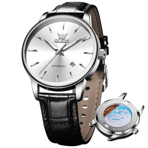 OLEVS Men's Automatic Watches Black Leather Band Silver Big Dial Waterproof - image 1