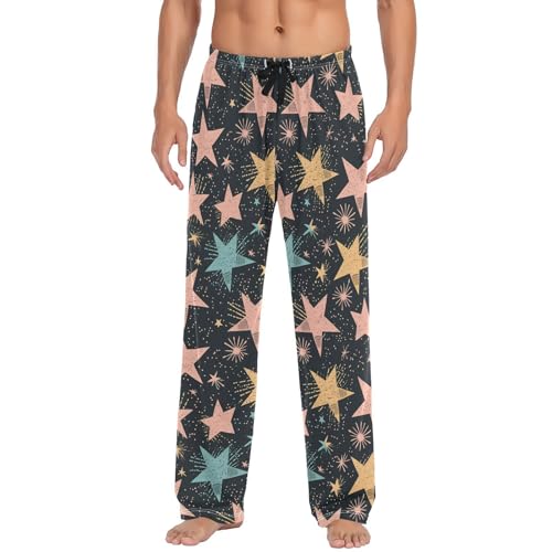 Men's Pajama Pants Pink Stars Pajama Pants for Men PJs Bottoms Drawstring Pockets Hand Drawn Sleep Lounge Pants S
